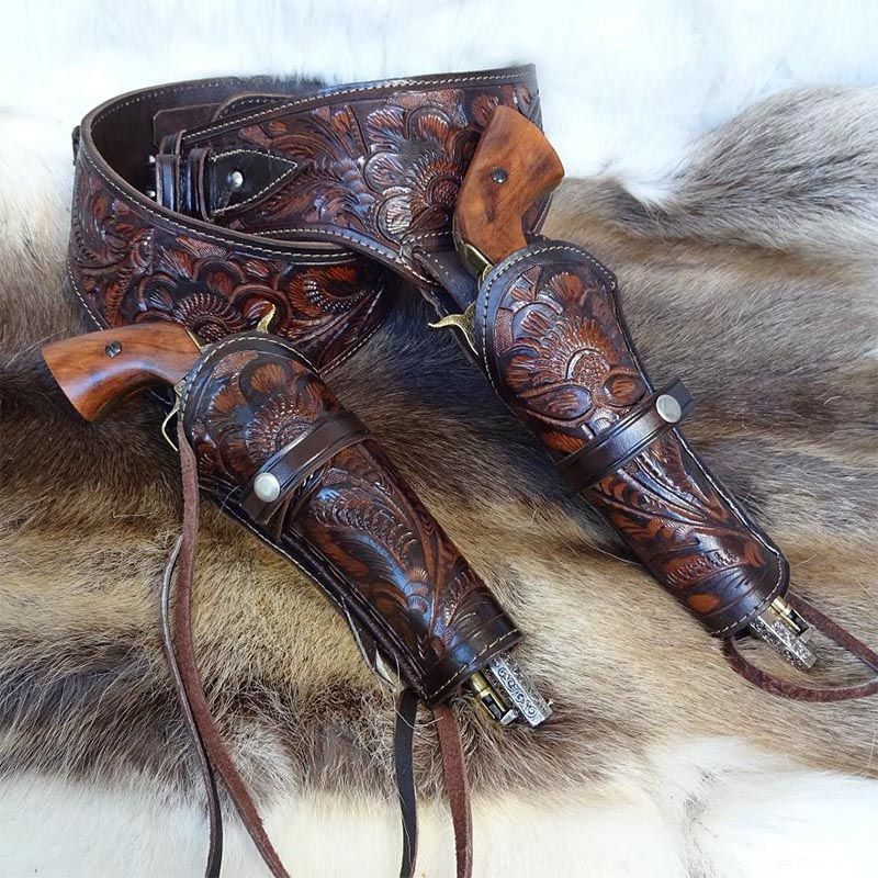 Tooled Leather Double Western Gun Belt Holster Southern Swords