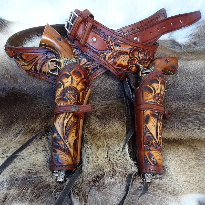 Tooled Leather Double Western Gun Belt Holster Southern Swords